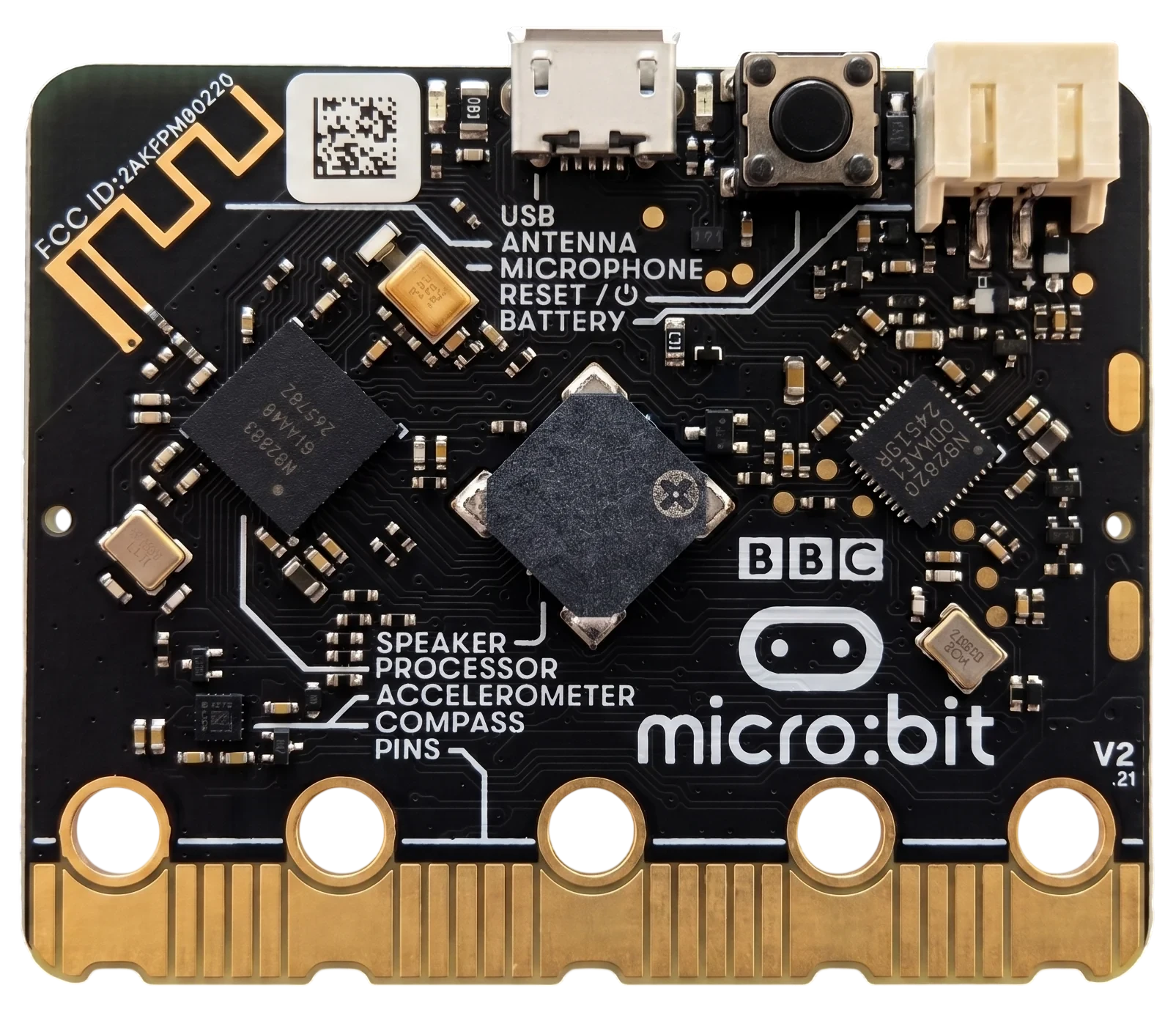 Rückseite des micro:bit V2 mit USB-Anschluss, Reset/Power-Knopf, Batterie-Anschluss, Prozessor, Lautsprecher und Funk-Antenne